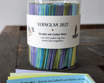 Frasco anual de versículos bíblicos 2027 con 365 versículos: un regalo cristiano para Navidad o cumpleaños. Kit de manualidades imprimible.