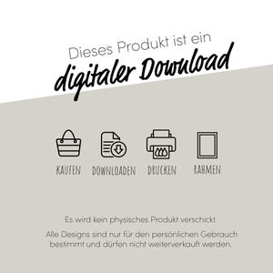 May include: A digital download graphic with the text "Dieses Produkt ist ein digitaler Download." Icons for buying, downloading, printing, and framing are included. The text states no physical product is shipped.