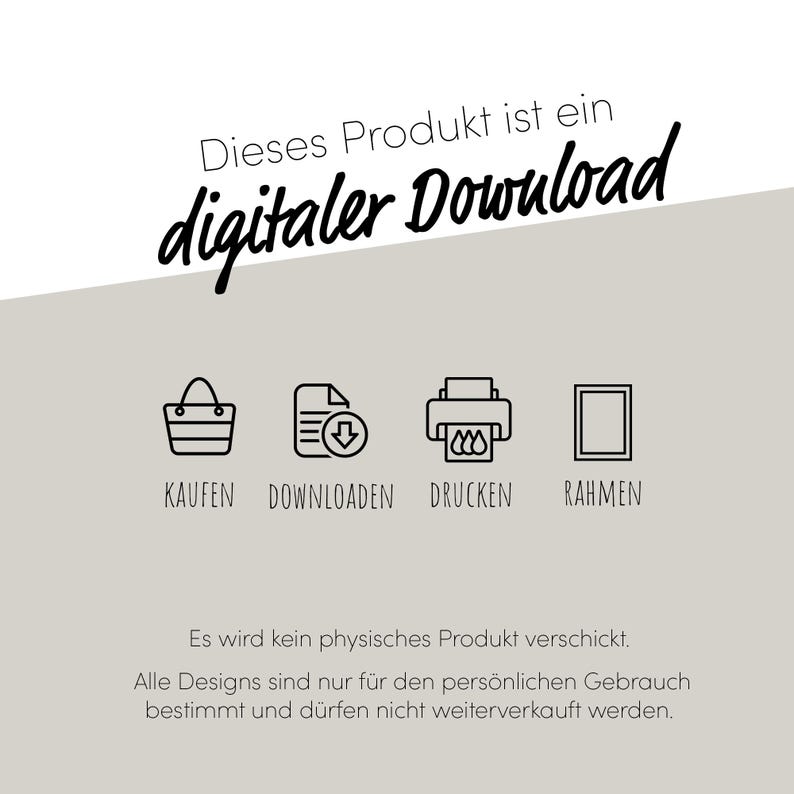 May include: A digital download graphic with the text "Dieses Produkt ist ein digitaler Download." Icons for buying, downloading, printing, and framing are included. The text states no physical product is shipped.