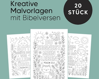 Op de afbeelding: Drie zwart-wit kleurplaten met bijbelverzen en bloemenillustraties. De pagina's bevatten afbeeldingen van een kat, een zon, een vlinder en een kind. De tekst bevat "DU SEGNEST MEIN LEBEN" en "20 STÜCK".