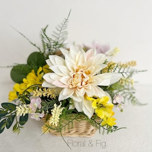 Farmhouse Floral Basket Arrangement: English Cottage Style Faux Flowers