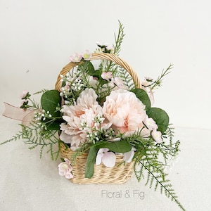 Farmhouse Floral Basket Arrangement: English Cottage Style Faux Flowers