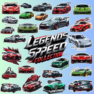 Puede incluir: Una colección de pegatinas de coches coloridas con varios coches deportivos en rojo, verde, plateado y negro. Las pegatinas incluyen el texto "Legends of Speed Collection" y nombres de modelos de coches.