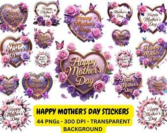 Elegant Mother's Day Stickers: Floral Heart PNG Pack (Digital Download)