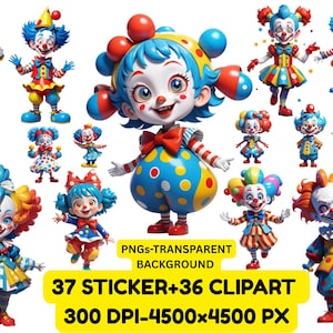 Colorful Clown Clipart & Sticker Bundle: Circus Carnival Theme (73 PNGs, 300DPI)