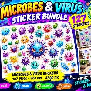 Funny Microbe Stickers | 70 Kawaii Virus, Bacteria, Germ PNGs + Bonus PDF EBOOK (Digital Download)