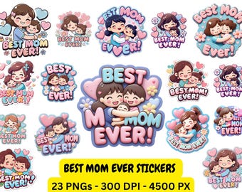 Mother's Day Stickers: Cartoon Mom & Child PNG Bundle (Digital Download)