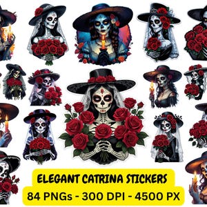 Könnte beinhalten: Eine Sammlung eleganter Catrina-Aufkleber. Jeder Aufkleber zeigt eine detaillierte Illustration einer Catrina-Figur, verziert mit floralen Akzenten, Kerzen und Rosen. Die Aufkleber sind in verschiedenen Posen und Stilen gehalten, mit dem Thema Tag der Toten.