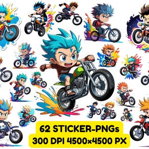 Anime little boby Biker Sticker Bundle | 62 PNGs | Cool Cartoon Dirt Bike Riders | 300 DPI Clipart | Digital Download