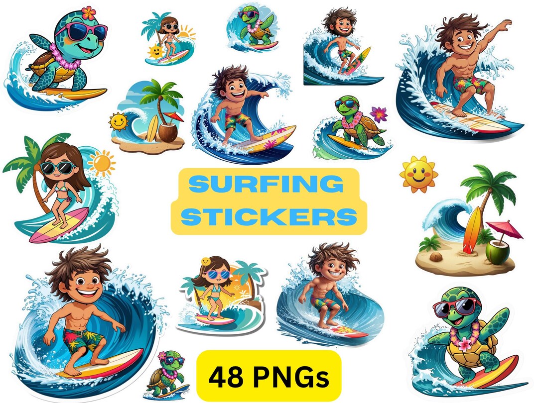 Surfing Stickers PNG Bundle | 48 Cute Summer Beach Clipart | Tropical ...