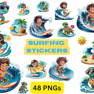 Surfing Stickers PNG Bundle: Summer Beach Clipart, Tropical Kids & Turtles (Digital Download)