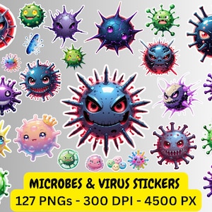 Stickers microbes amusants | 70 fichiers PNG de virus, bactéries et germes kawaii + EBOOK PDF bonus (téléchargement numérique)