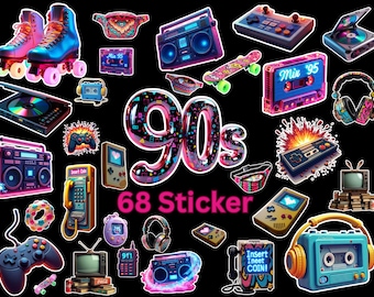 Retro 90's Sticker Pack – 68 Nostalgic Decals for Scrapbooking, waterproof vinyl stickers