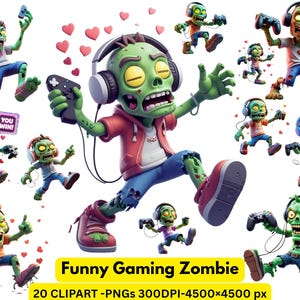 Funny Gaming Zombie Clipart Bundle - 20 PNGs | Gamer Undead Characters | 300 DPI Transparent Background | 4500x4500 px