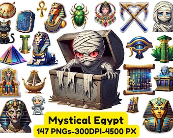 Egyptian Clipart PNG Bundle: Pharaoh, Pyramid, Hieroglyphs (Digital Download