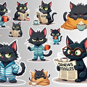 Funny Grumpy Black Cat Morning Stickers – Cozy Coffee & Pajama Vibes