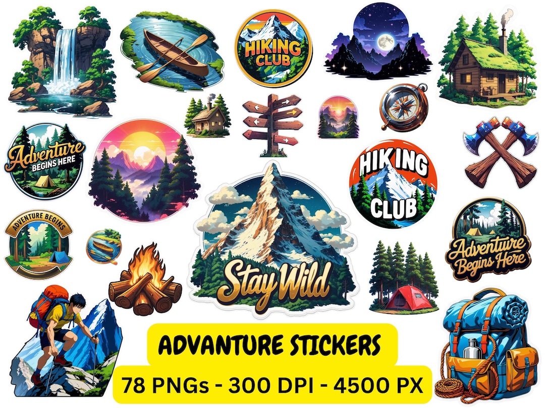 Adventure Stickers PNG Bundle: Hiking, Camping, Outdoors (digital ...