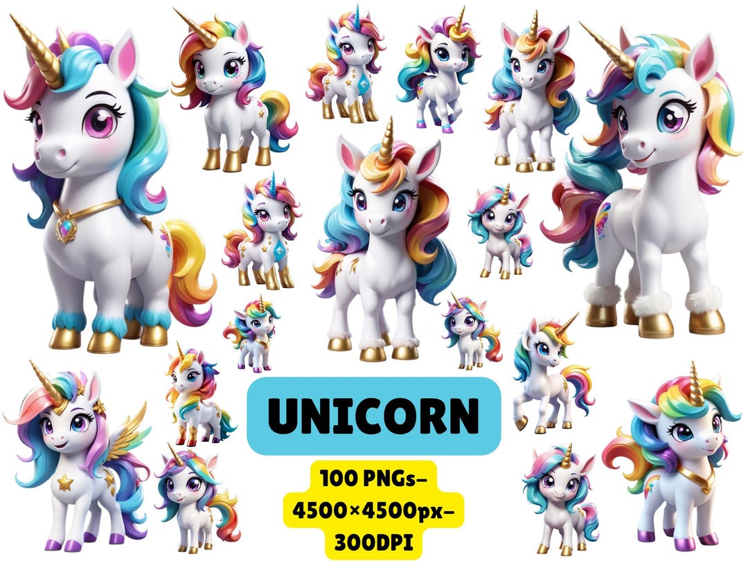 Cute Baby Unicorn Sticker Bundle | Cute Kawaii Unicorn PNG | 100 Pngs ...