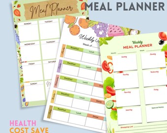 May include: Three printable meal planner templates featuring colourful fruit and vegetable illustrations. The first template has a weekly meal planner with space for breakfast, lunch, and dinner. The second template is a weekly meal planner with space for each day of the week. The third template is a weekly meal planner with space for each day of the week and a shopping list.