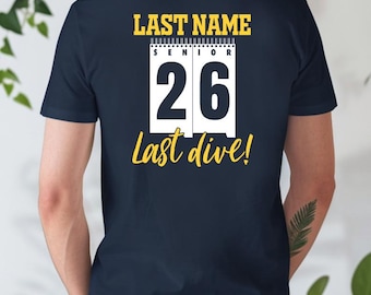 Maillot de plongée senior 2026 | T-shirt de fin d'études personnalisé pour plongeur | T-shirt de nuit pour seniors Last Dive | Cadeau nageur personnalisé de la promotion 2026