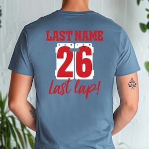 Example of Design on Back of tee, Red Text on Slate Blue. Add swimmer's custom name on top line.