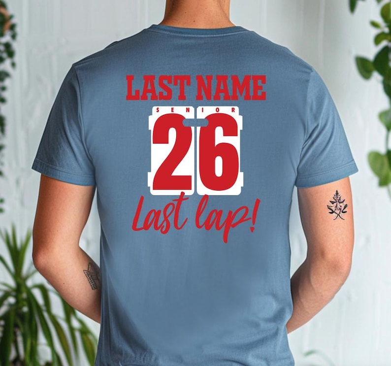 Example of Design on Back of tee, Red Text on Slate Blue. Add swimmer's custom name on top line.