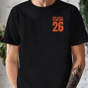 Example of Design on front of tee, red text on Black. Add custom school or mascot name on top line.