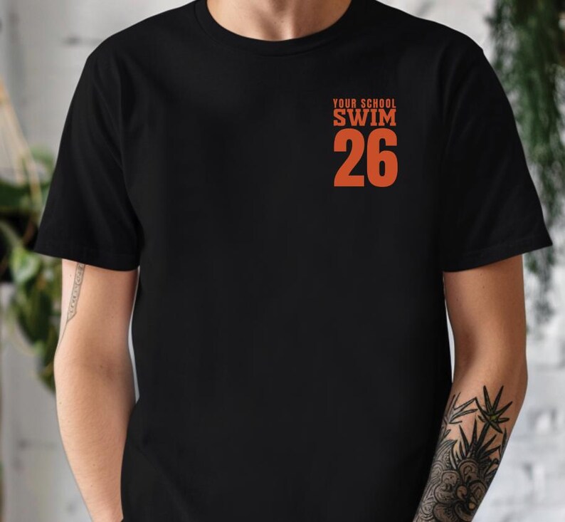 Example of Design on front of tee, red text on Black. Add custom school or mascot name on top line.