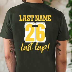 Example of Design on Back of tee, yellow text on Forest. Add swimmer's custom name on top line.