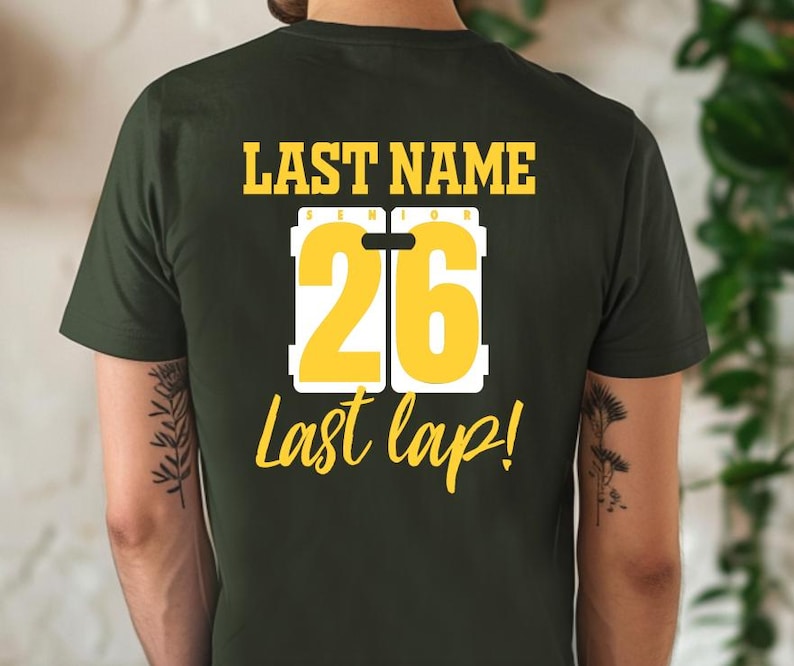 Example of Design on Back of tee, yellow text on Forest. Add swimmer's custom name on top line.
