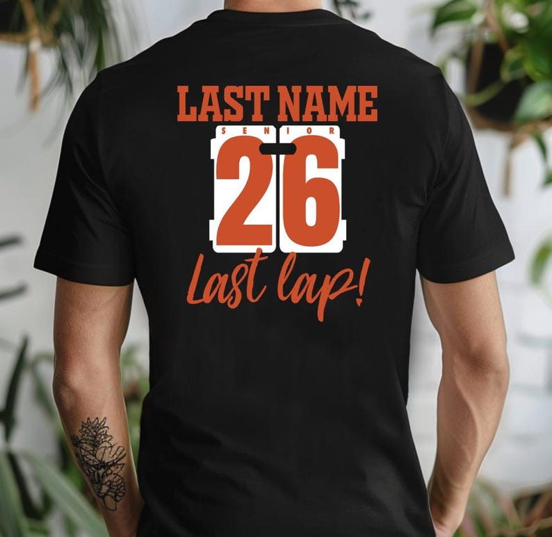 Example of Design on Back of tee, red text on black. Add swimmer's custom name on top line.