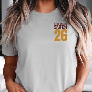 Example of Design on front of tee, Cardinal Red and Gold Text on Silver. Add custom school or mascot name on top line.