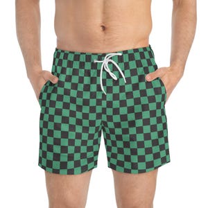 Geruite zwembroek, groene en zwarte geruite boardshort, strandkleding voor heren, zomerbadmode, vakantiekleding