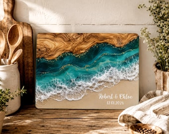 Custom New Home Glass Cutting Board, Personalized Newlyweds Serving Board, Wood Ocean Look House Decor, Coastal Housewarming Gift