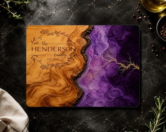Custom Anniversary Glass Cutting Board, Personalized Newlyweds Couple Gift , Marble Wood Look Charcuterie Board, First House Gift for Couple