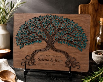 Personalized Tree of Life Glass Cutting Board, Custom 50th Wedding Anniversary Gift for Parent