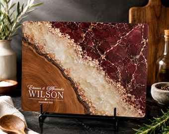 Personalized Anniversary Gift for Couple, Custom Newlyweds Cutting Board, Marble Wood Resin Charcuterie Board, Housewarming Gift Keepsake
