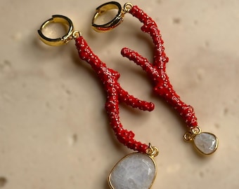 Thalassa | 925 Sterling Silver Coral Drop Earrings, Red Statement Earrings, Ocean-Inspired Jewelry, Astypalaia Collection