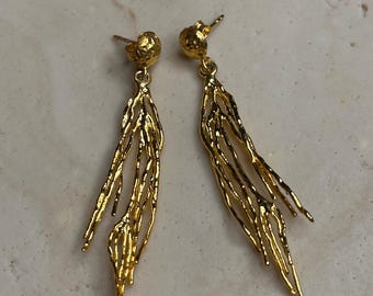 Solroot Branch Gold Earrings | Textured Statement Earrings | 925 Sterling Silver | Heliopolis Collection