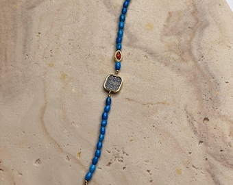 Turquoise Amulet Bracelet: Coral & Sterling Silver Charm