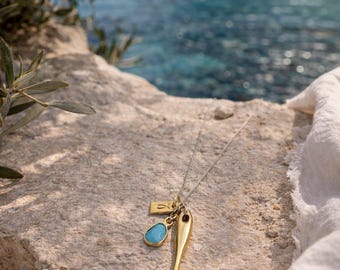 Sterling Silver Turquoise Charm Necklace, Gold Plated Layered Symbolic Jewelry