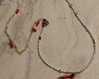 Fýki – Coral & Pearl Charm Necklace | Knidos Collection by Solena Studio, 925 Sterling Silver
