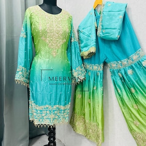 Chinon Silk Suit Set for Women | Heavy Embroidery with Sequence & Rivet Moti | Plazo Suit with Dupatta Indian Ethnic Wear | Partywear Outfit