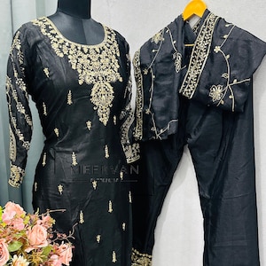 Heavy Embroidered Sequin Suit, Chinnon Silk Top & Pant with Dupatta, Ethnic Wear for Women, Full Sequin Work Pant Set