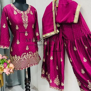 Magenta Chinon Silk Embroidered Sharara Suit | Sequin & Zari Work | Heavy Designer Indian Outfit for Wedding  Festive Wear