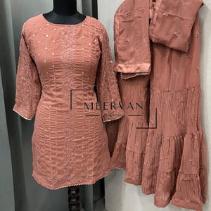 Stylish Classic Brown Color Heavy Faux Georgette Sharara Suit Set With Beautiful Dupatta and Embroidery, Sequence Work