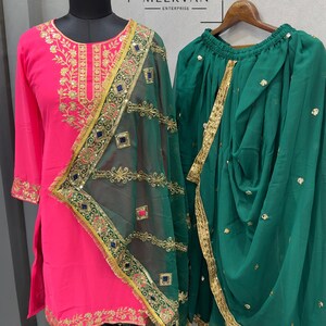 Fully Stitched Faux Georgette Embroidered Dhoti Skirt Set with Heavy Sequin Work and Dupatta – Elegant Ethnic Wear for Women