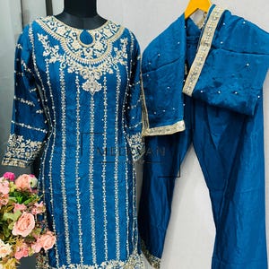 Heavy Chinon Silk Top Palazzo Suit Set with Embroidery Sequin Tassel Sleeve Kurta Dupatta Indian Wedding Partywear Dress for Women