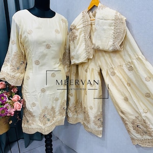 Heavy Embroidered Chinon Silk Sharara Set, 3mm Sequin Work, Full Stitched Indian Sharara Suit with Dupatta, Wedding & Festive Wear for Women