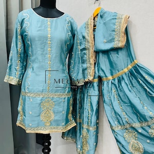 Embroidered Chinon Silk Sharara Set | Fancy Plazzo Suit with Dupatta | Stitched Indian Outfit | Wedding Guest Dress | Eid Wear